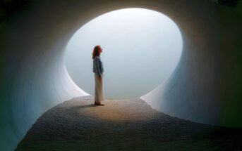 A woman stands inside a smooth, curved tunnel, facing an oval opening filled with bright light, casting her silhouette against the rounded walls and gravel floor.