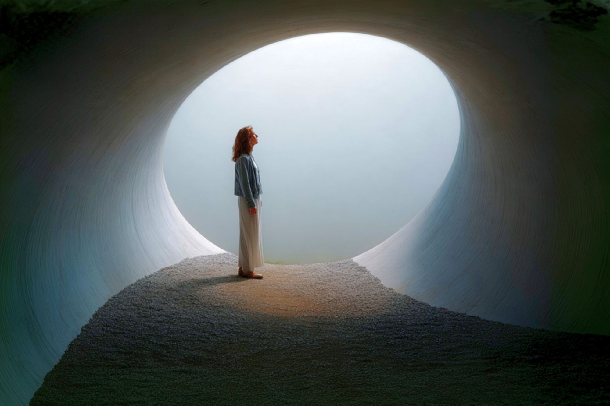 A woman stands inside a smooth, curved tunnel, facing an oval opening filled with bright light, casting her silhouette against the rounded walls and gravel floor.