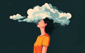 A woman with closed eyes stands against a dark background, with a cloud emerging from her head, symbolizing thoughts or imagination. She wears an orange shirt and has short black hair.