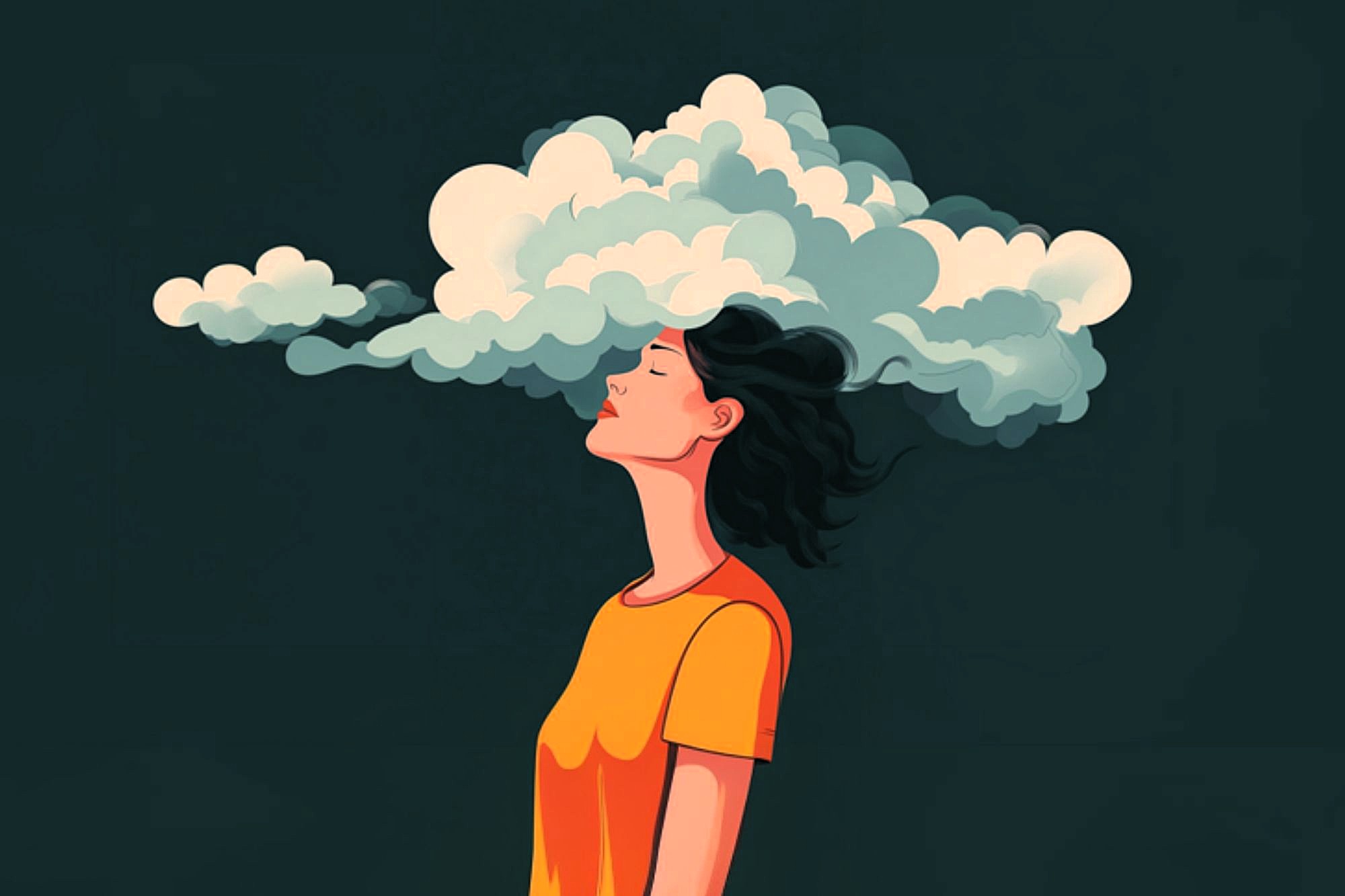 A woman with closed eyes stands against a dark background, with a cloud emerging from her head, symbolizing thoughts or imagination. She wears an orange shirt and has short black hair.