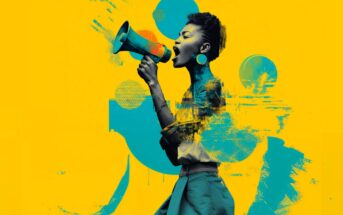 A woman passionately shouts into a megaphone. The background is bright yellow with abstract blue and orange paint splashes, creating a dynamic and energetic atmosphere.