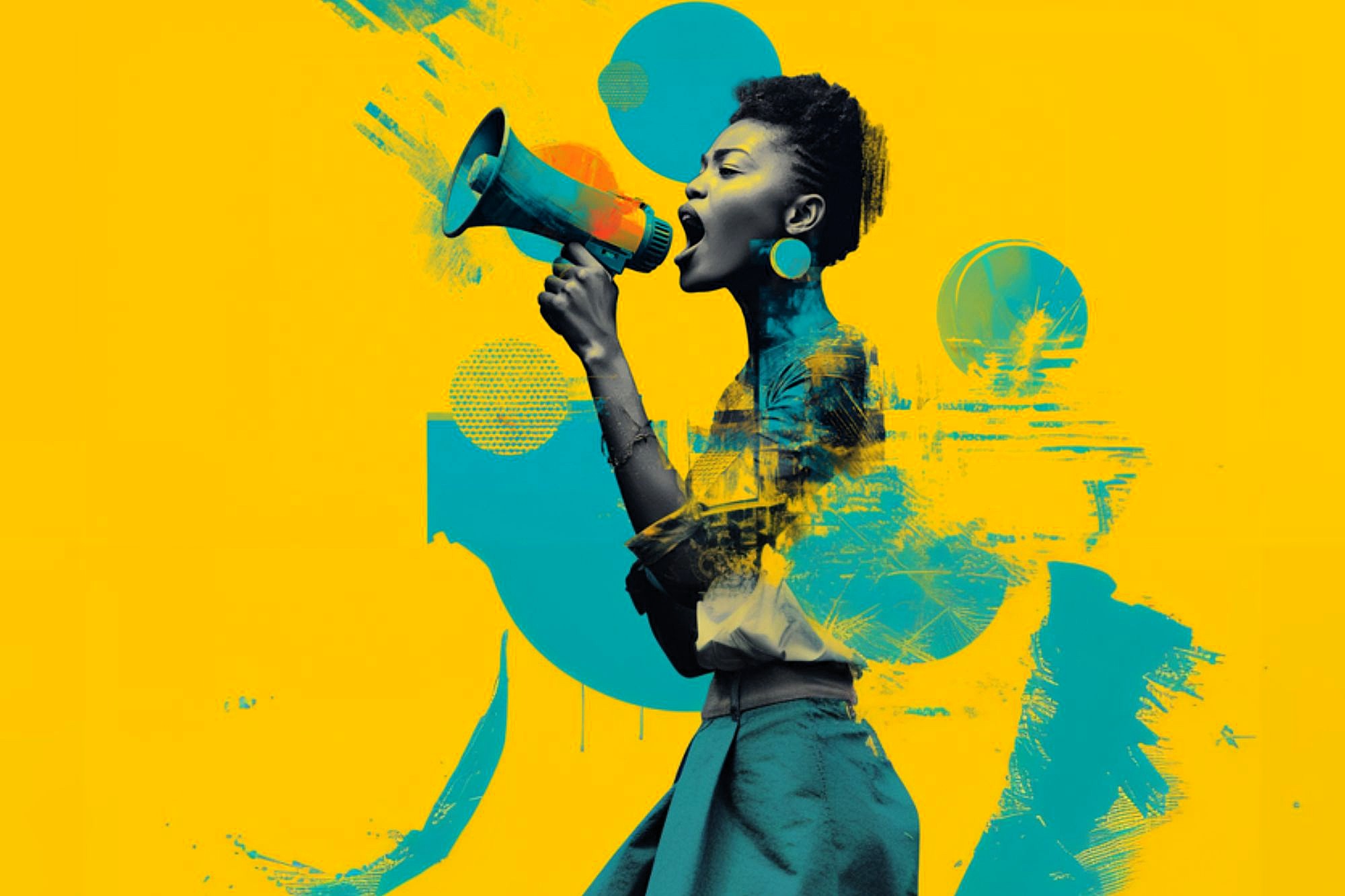 A woman passionately shouts into a megaphone. The background is bright yellow with abstract blue and orange paint splashes, creating a dynamic and energetic atmosphere.