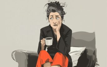 A woman with messy hair sits on a couch, resting her face on one hand and holding a cup of coffee in the other. She appears tired or worried, wearing a black top and orange pants.