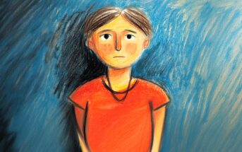 A digital drawing of a person with short brown hair wearing a red shirt, looking ahead with a sad expression, set against a textured blue background.