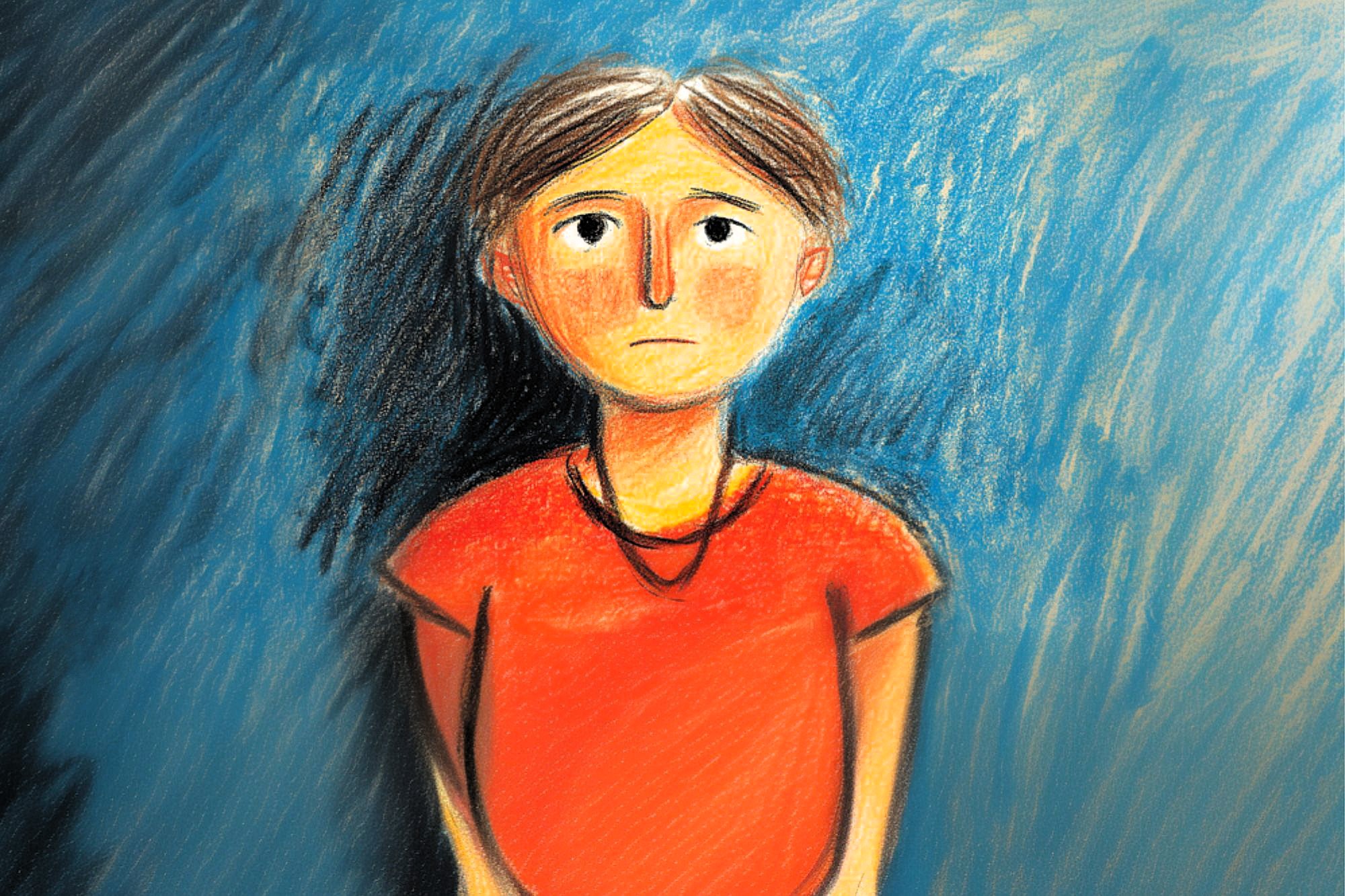 A digital drawing of a person with short brown hair wearing a red shirt, looking ahead with a sad expression, set against a textured blue background.