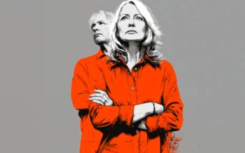 A man and woman stand together, both wearing bright orange shirts against a plain gray background. The woman stands in front with her arms crossed, while the man stands slightly behind, looking off to the side.