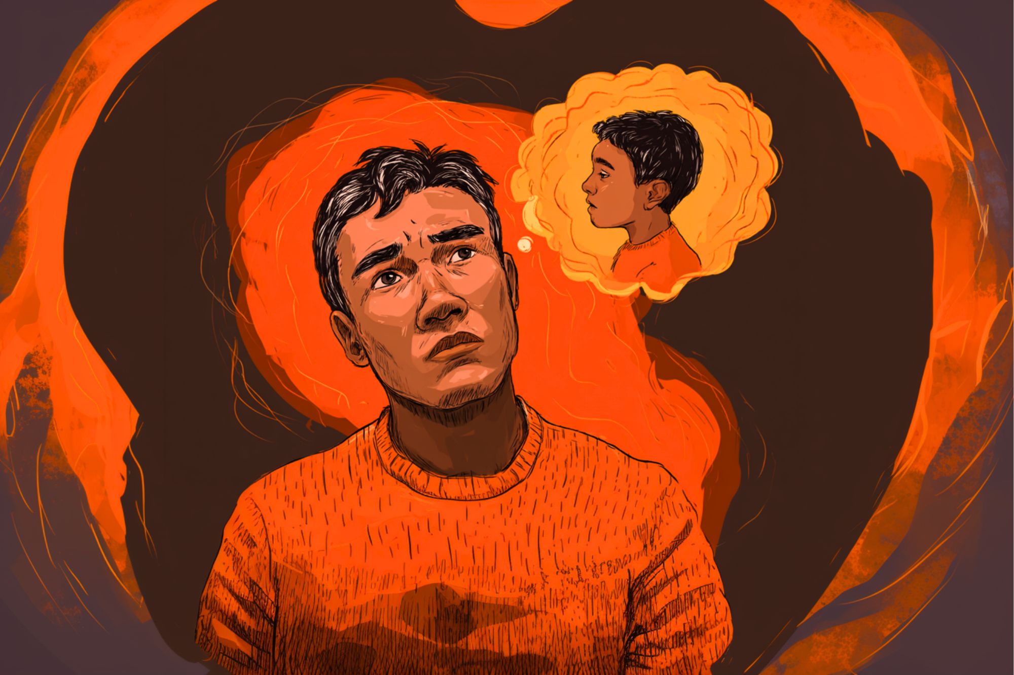 A person in an orange sweater looks up thoughtfully, surrounded by dark and orange hues. A thought bubble shows a younger version of themselves in profile, highlighting introspection or reflection on the past.