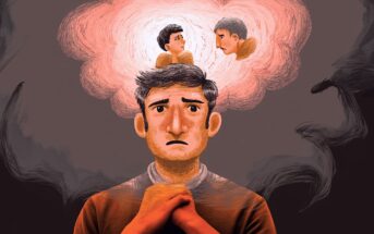 Illustration of a worried man clasping his hands, with a cloud above his head showing two smaller versions of himself arguing, symbolizing inner conflict or anxiety.