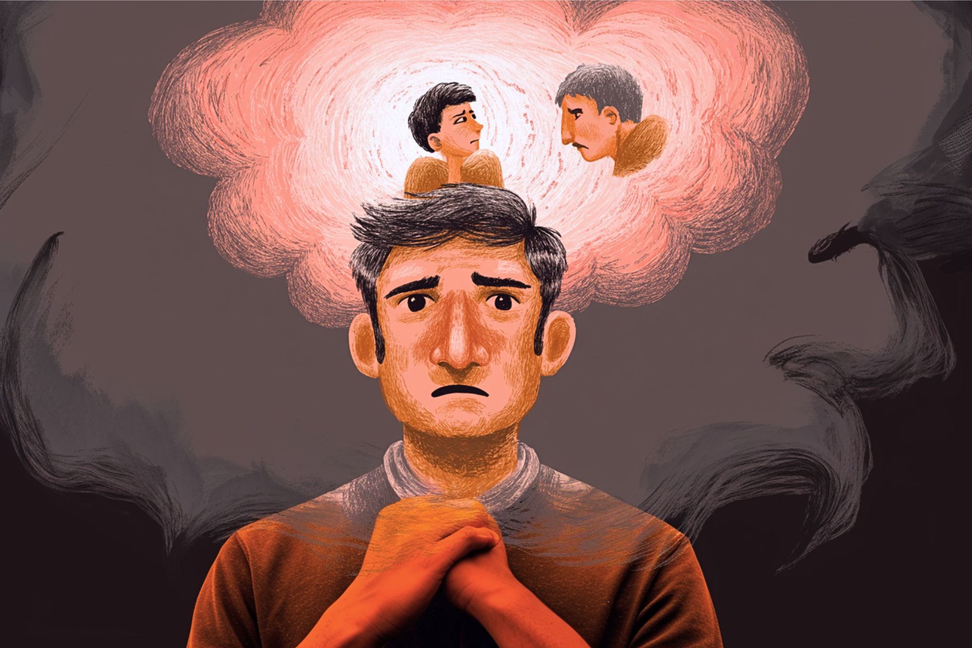 Illustration of a worried man clasping his hands, with a cloud above his head showing two smaller versions of himself arguing, symbolizing inner conflict or anxiety.