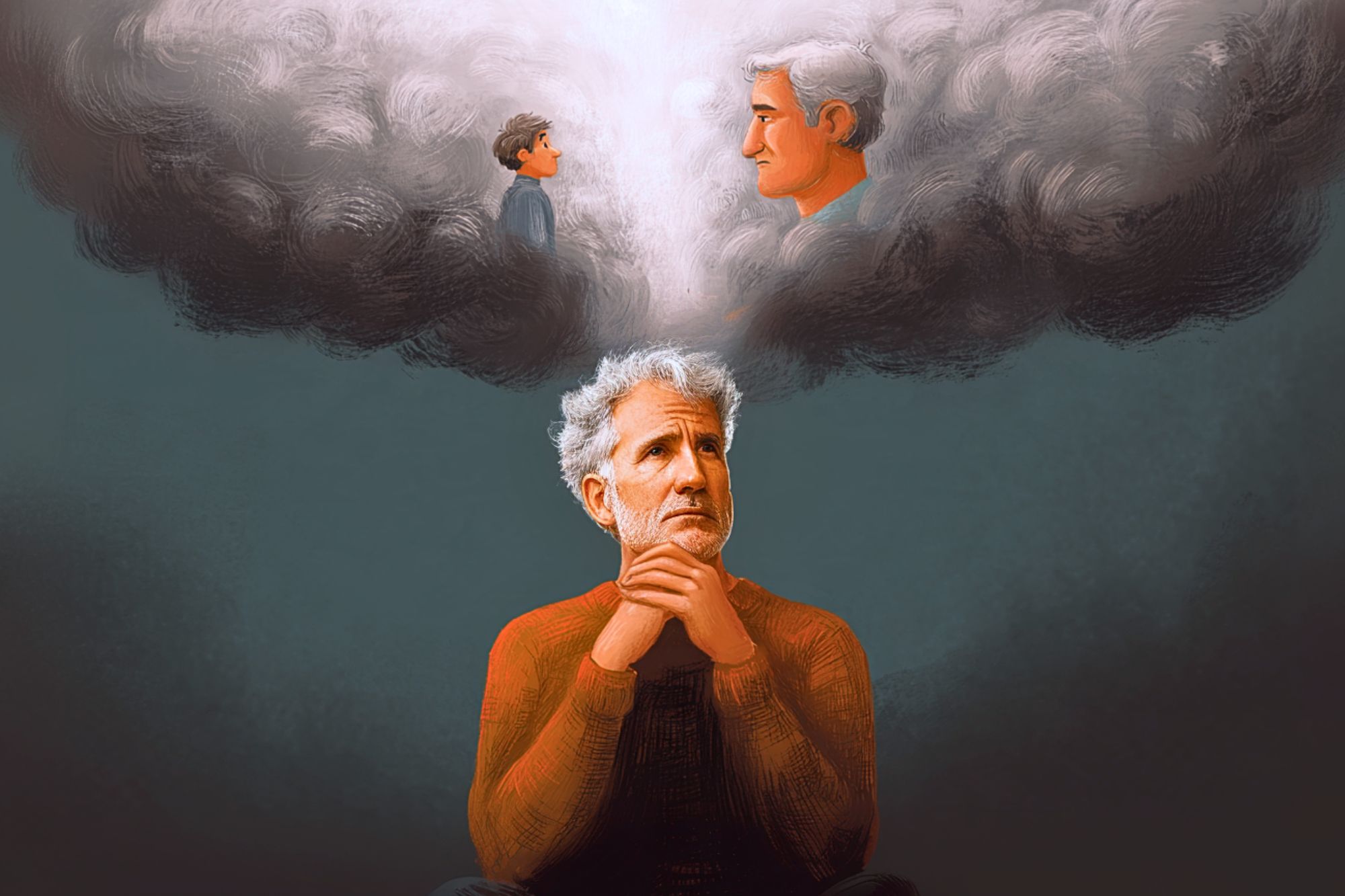 An older man sits thoughtfully, hands clasped, while above his head, cloudy thoughts depict a younger boy looking up at an older man.