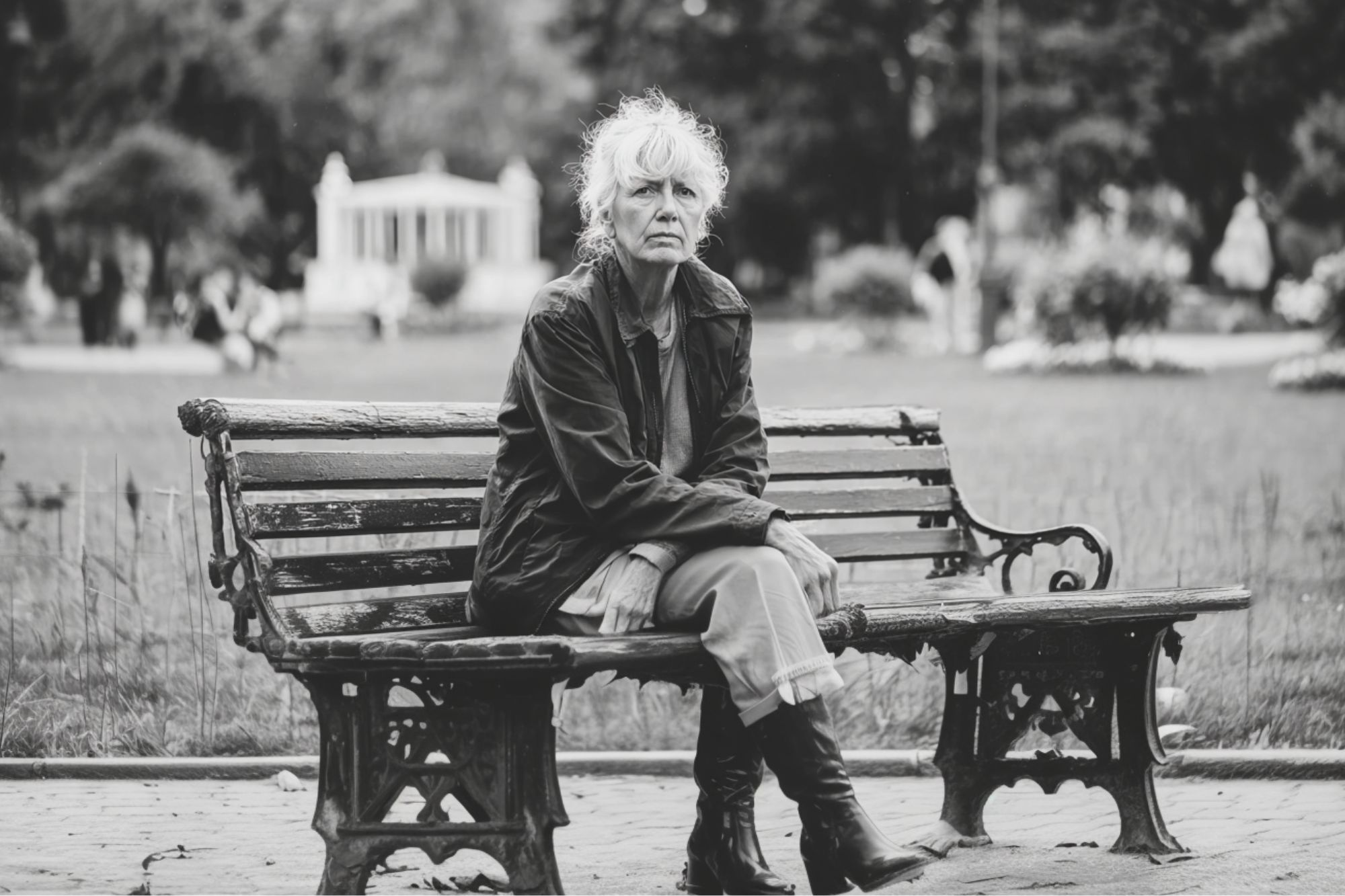 An older woman with white hair sits alone on a park bench, wearing a dark jacket and boots. The scene is in black and white, with trees and a gazebo blurred in the background.