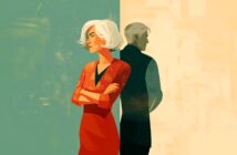 Illustration of a woman with short white hair and a red dress standing with arms crossed, looking away from a man in a dark suit who stands with his back to her. The background is split into green and beige halves.