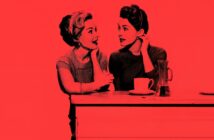 Two women sit at a counter, talking and smiling, with a coffee cup and glass carafe in front of them. The image is in black and red tones with a retro, vintage style.
