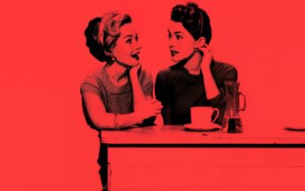 Two women sit at a counter, talking and smiling, with a coffee cup and glass carafe in front of them. The image is in black and red tones with a retro, vintage style.
