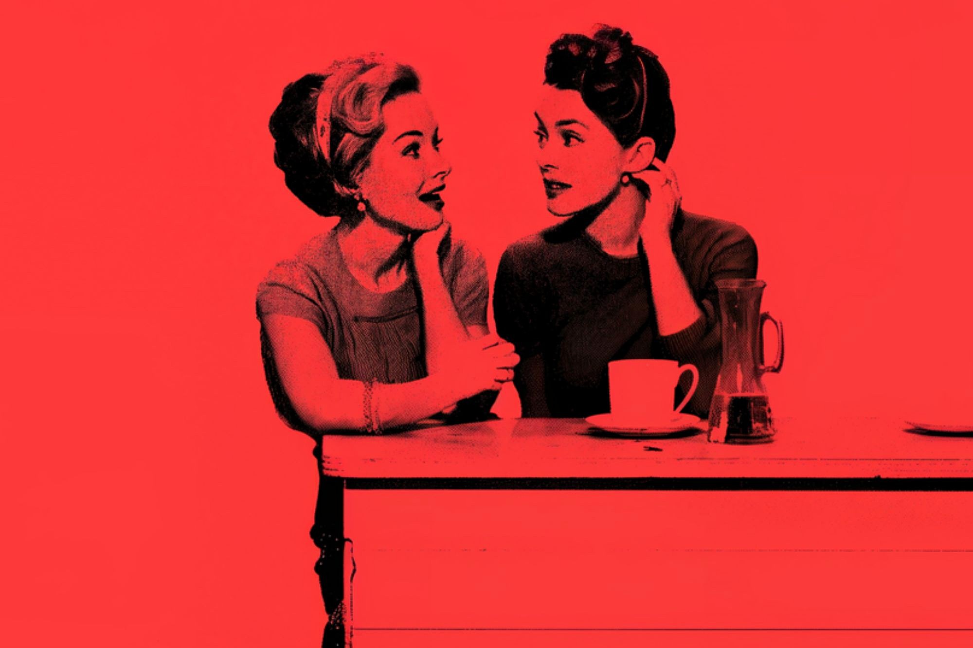 Two women sit at a counter, talking and smiling, with a coffee cup and glass carafe in front of them. The image is in black and red tones with a retro, vintage style.