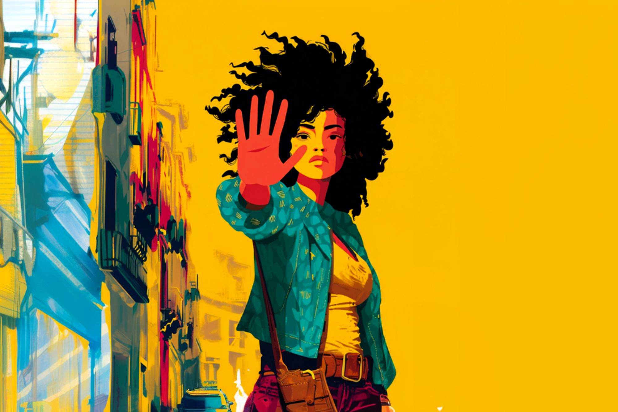 Illustration of a woman with curly hair holding her hand up as if signaling stop, standing in front of colorful city buildings, with a bright yellow background.