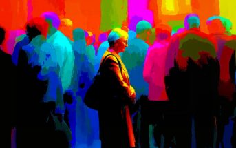 A digitally altered image of a crowd, with silhouettes heavily saturated in vibrant colors like red, blue, green, and yellow. A person in the foreground, wearing glasses and a coat, stands out among the others.
