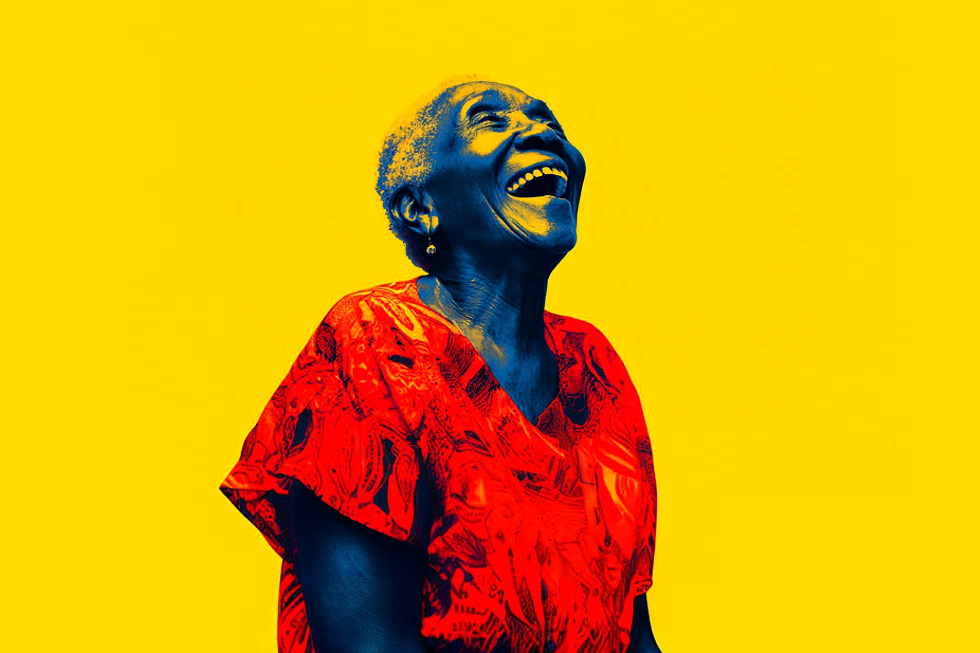 An elderly woman wearing a bright red patterned top laughs joyfully, her face and skin rendered in blue tones, set against a vibrant yellow background.