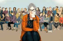 An older woman with gray hair and glasses sits pensively in the foreground, surrounded by a diverse crowd of people engaged in conversation in the background. She wears an orange cardigan and rests her chin on her hand.