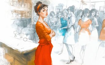 A woman in a red dress stands confidently in the foreground of a social gathering, with a group of people conversing in the background. The scene is illustrated in a sketchy, artistic style with soft colors.