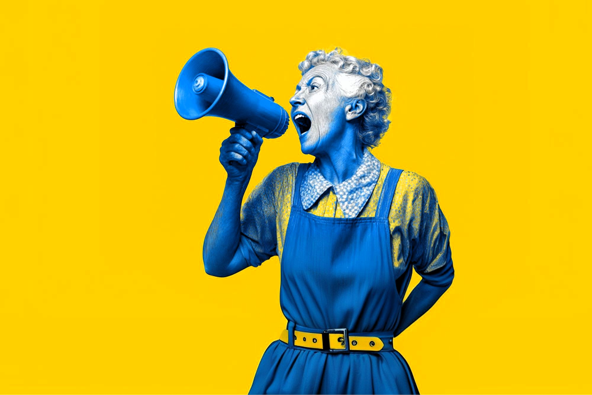 A person painted blue, wearing an apron and holding a megaphone, shouts with an expressive face against a bright yellow background.