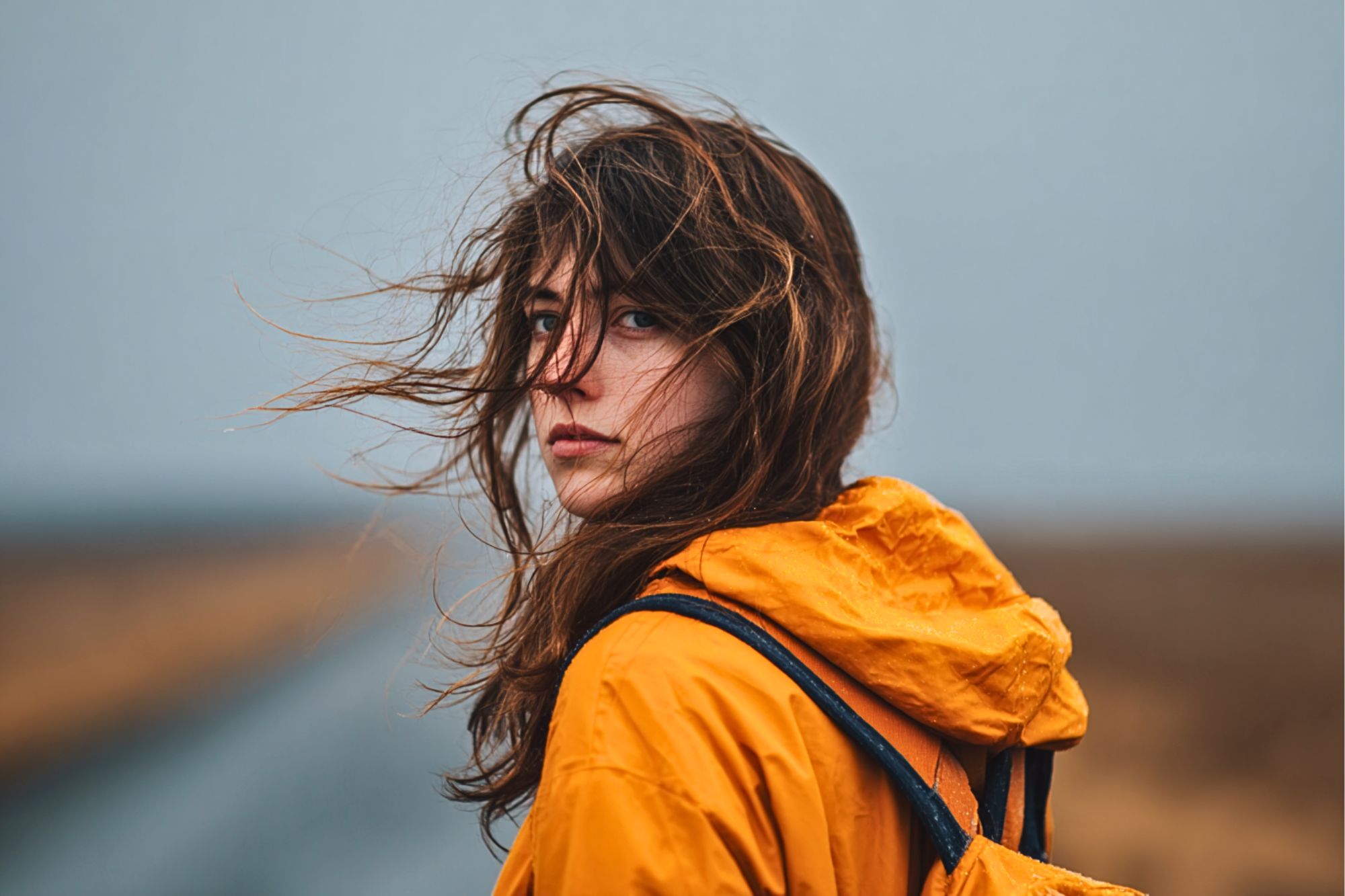 A person with long brown hair blown by the wind wears a yellow rain jacket and backpack, standing on a deserted road with a blurred, overcast landscape in the background.