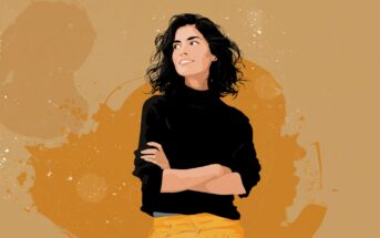 Illustration of a woman with wavy dark hair, wearing a black long-sleeve top and yellow pants, standing with arms crossed and smiling against an abstract tan and orange background.