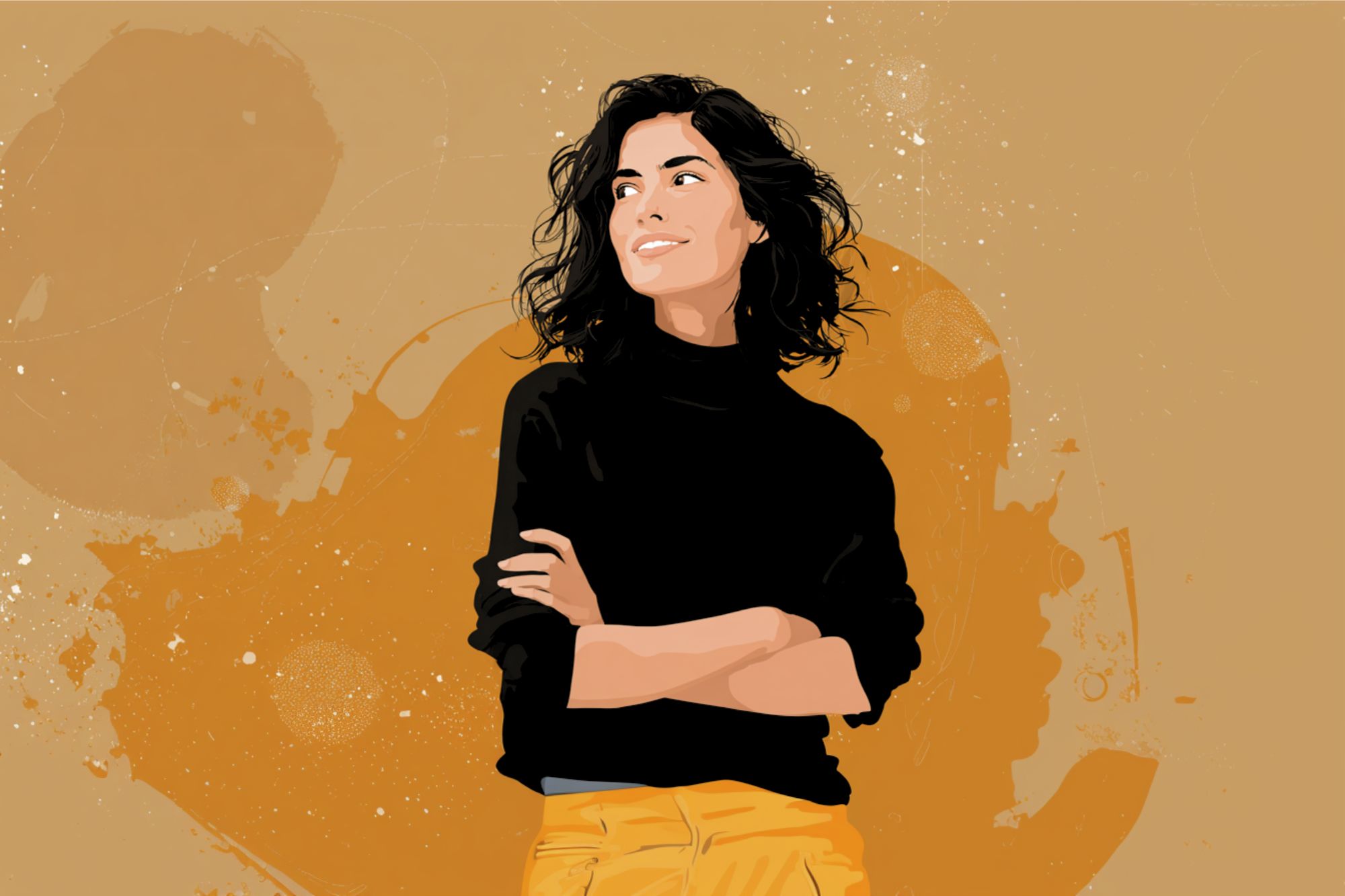 Illustration of a woman with wavy dark hair, wearing a black long-sleeve top and yellow pants, standing with arms crossed and smiling against an abstract tan and orange background.