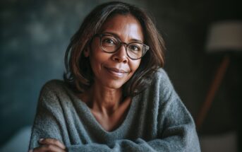 A woman with shoulder-length hair and glasses wears a cozy grey sweater, smiling softly while sitting indoors in natural light.
