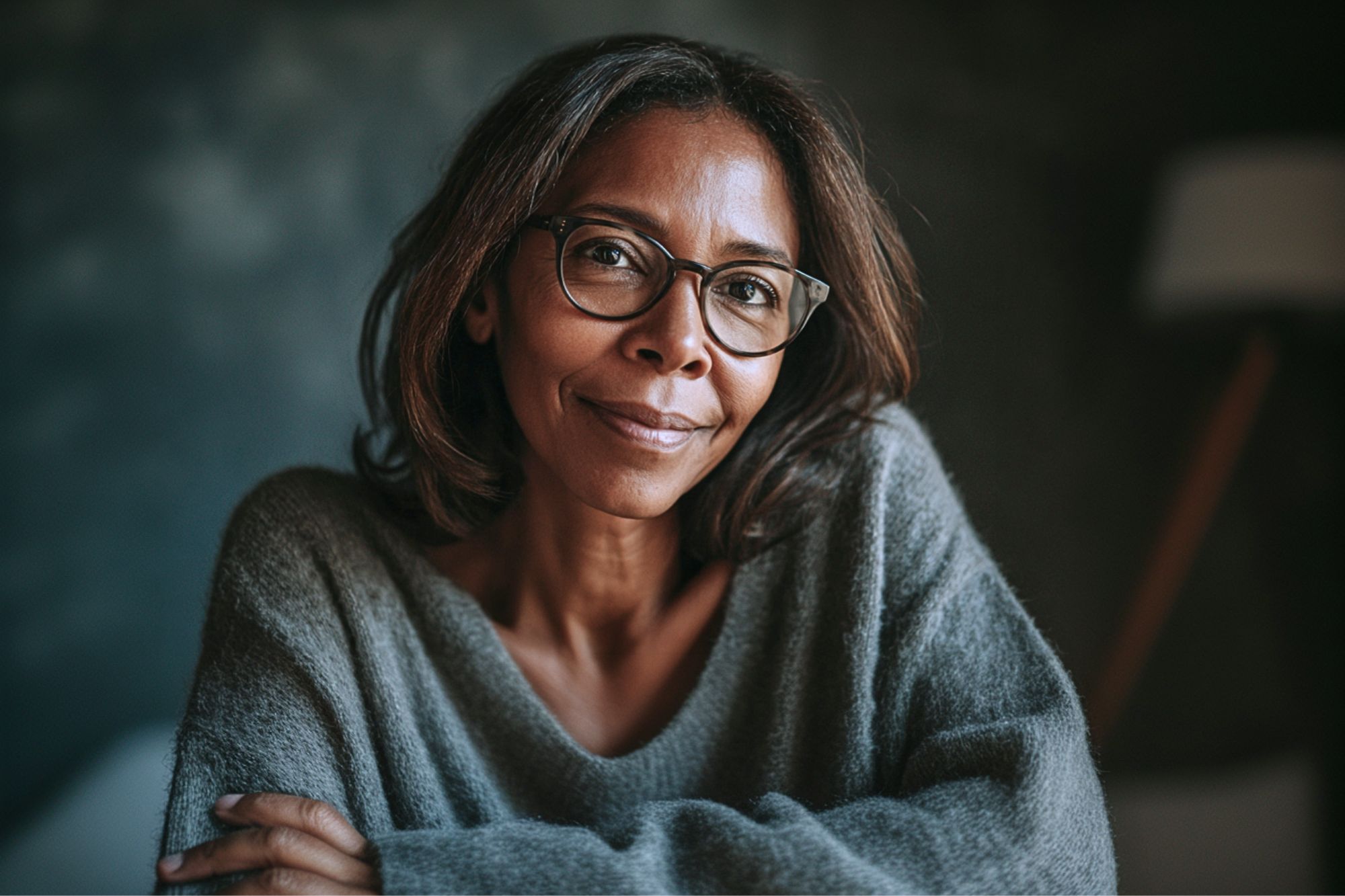 A woman with shoulder-length hair and glasses wears a cozy grey sweater, smiling softly while sitting indoors in natural light.