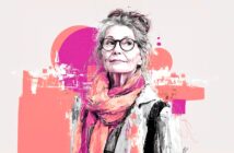 Illustrated portrait of an older woman with glasses and gray hair in a messy bun, wearing a pink-orange scarf and light coat, set against an abstract pink and red background with bold shapes and cityscape elements.