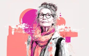 Illustrated portrait of an older woman with glasses and gray hair in a messy bun, wearing a pink-orange scarf and light coat, set against an abstract pink and red background with bold shapes and cityscape elements.