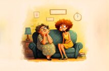 A cartoon of two women sitting on a blue couch. The older woman, in glasses and a green dress, looks tired and rests her face on her hands. The younger woman, in a yellow dress, sits nearby, talking. A clock and lamp are in the background.