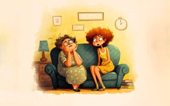 A cartoon of two women sitting on a blue couch. The older woman, in glasses and a green dress, looks tired and rests her face on her hands. The younger woman, in a yellow dress, sits nearby, talking. A clock and lamp are in the background.