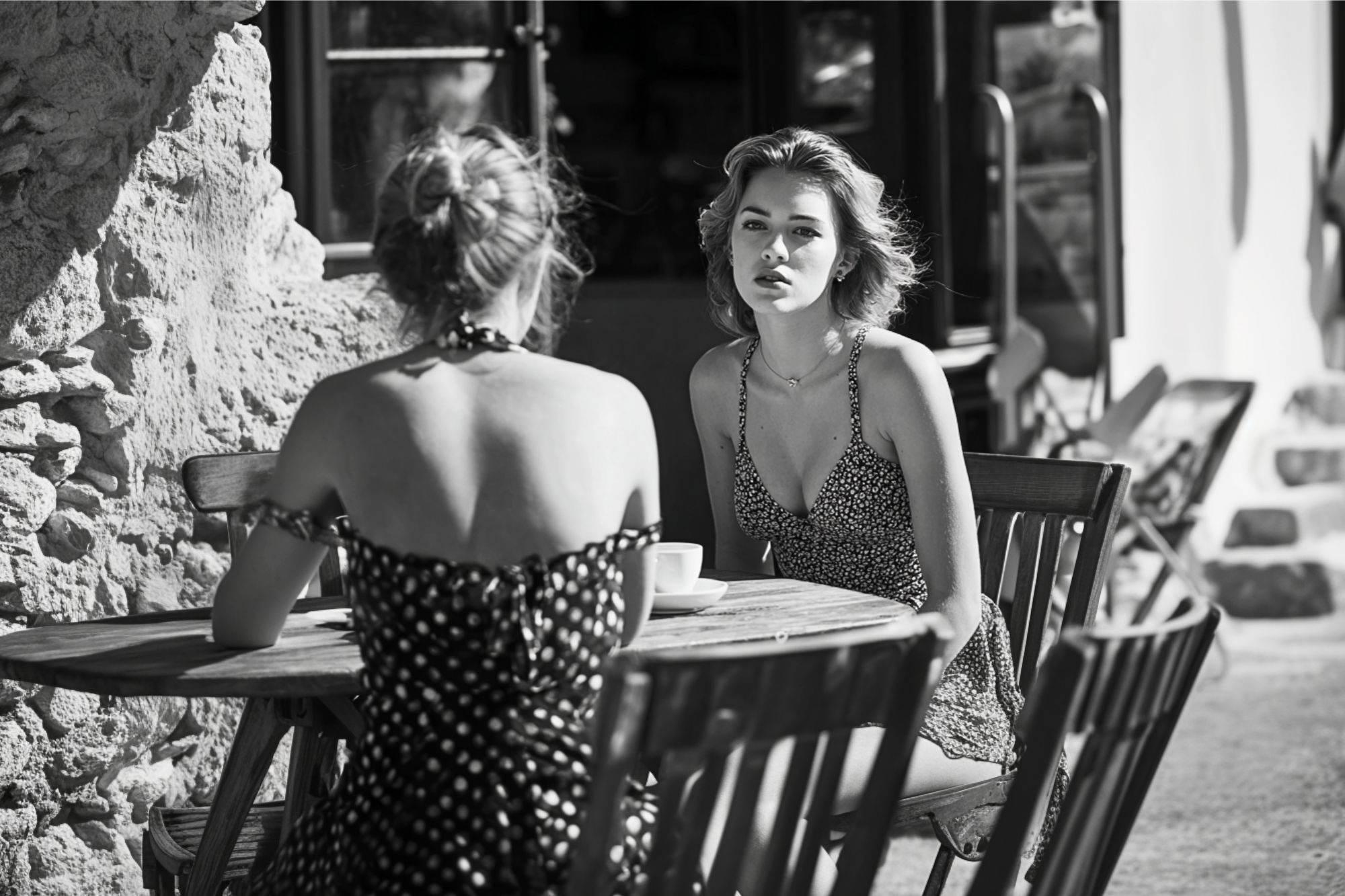 Two women in patterned summer dresses sit at a small outdoor café table, engaged in conversation. One woman faces the camera while the other has her back turned. The scene is in black and white.
