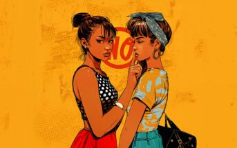 A couple of women with their finger to their lips.