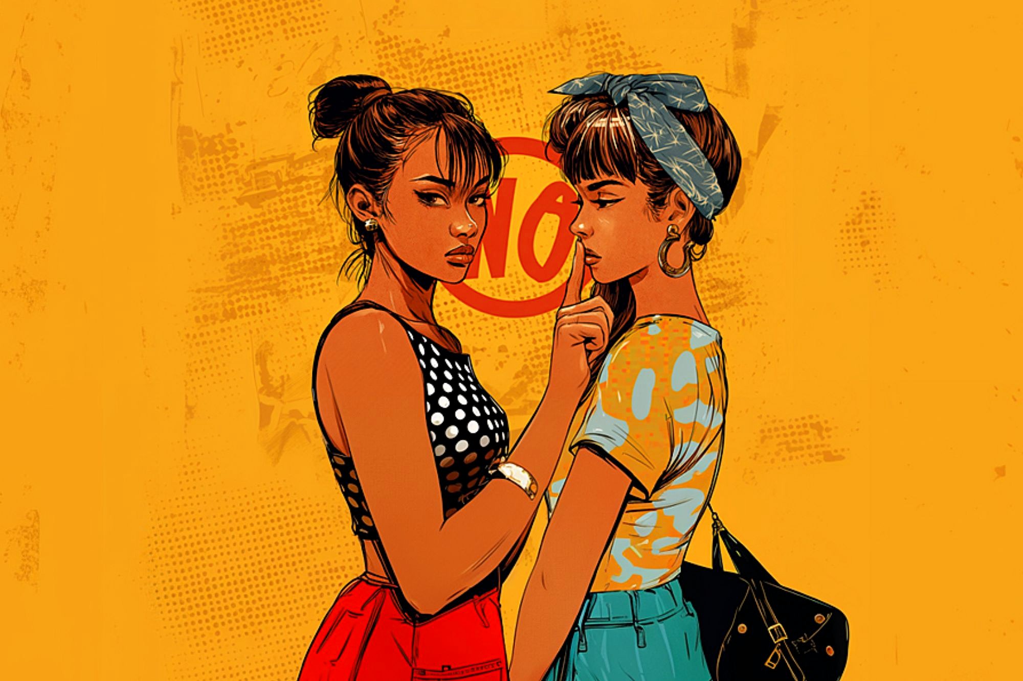 A couple of women with their finger to their lips.