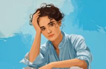 A digital illustration of a woman with curly dark hair, wearing a light blue blouse, resting her head on her hand and looking thoughtfully ahead, set against a blue abstract background.