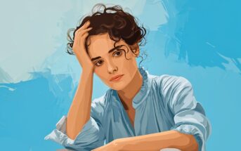 A digital illustration of a woman with curly dark hair, wearing a light blue blouse, resting her head on her hand and looking thoughtfully ahead, set against a blue abstract background.