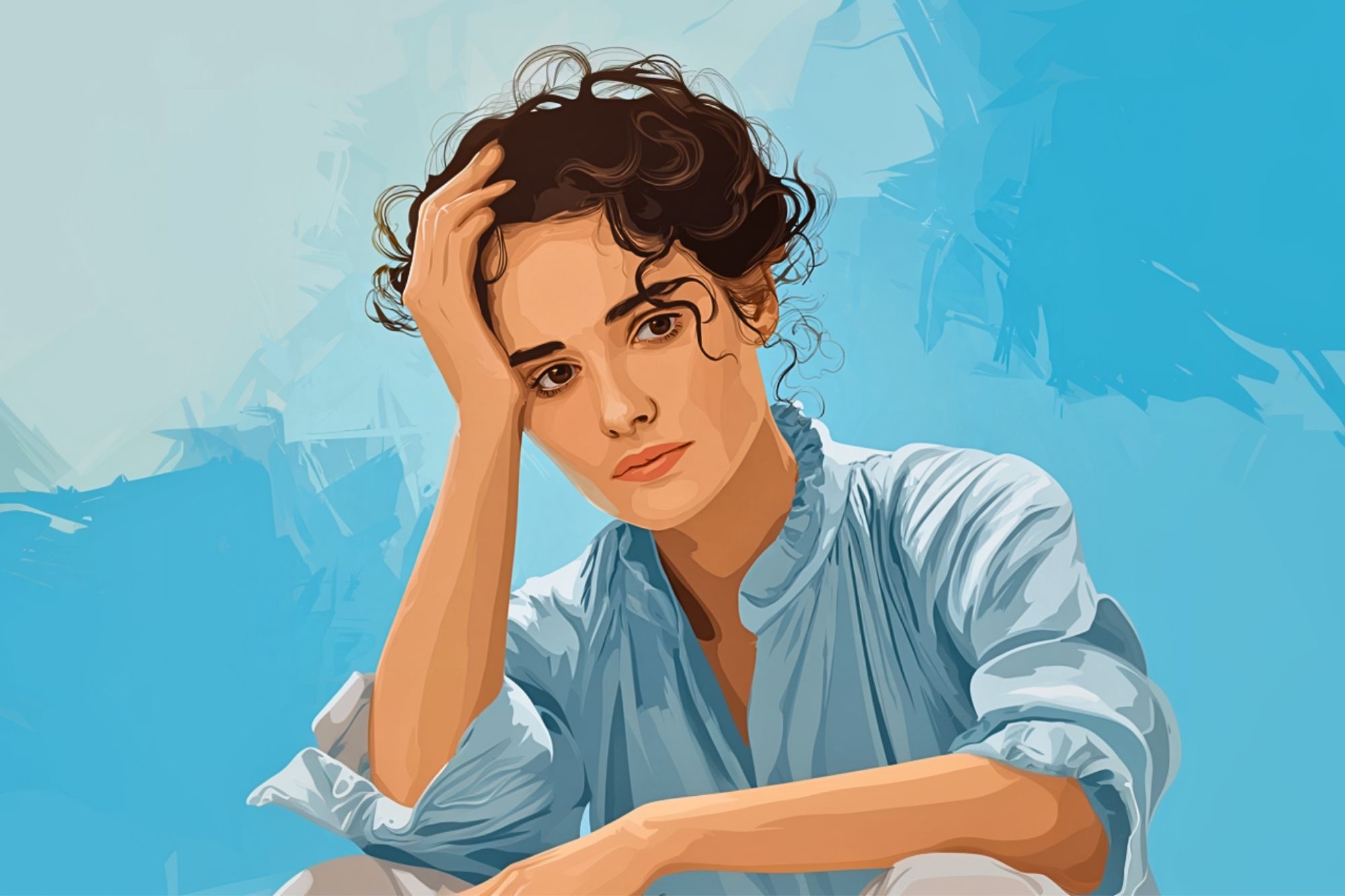 A digital illustration of a woman with curly dark hair, wearing a light blue blouse, resting her head on her hand and looking thoughtfully ahead, set against a blue abstract background.
