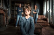 A sad young boy stands in the foreground of a dimly lit living room, with two adults standing in the background, arms crossed, looking at him. The atmosphere appears tense.