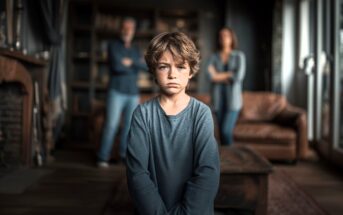 A sad young boy stands in the foreground of a dimly lit living room, with two adults standing in the background, arms crossed, looking at him. The atmosphere appears tense.