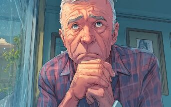 An elderly man with gray hair and a plaid shirt sits by a window, resting his chin on his clasped hands and gazing outside with a thoughtful, concerned expression. Rain can be seen on the window beside him.