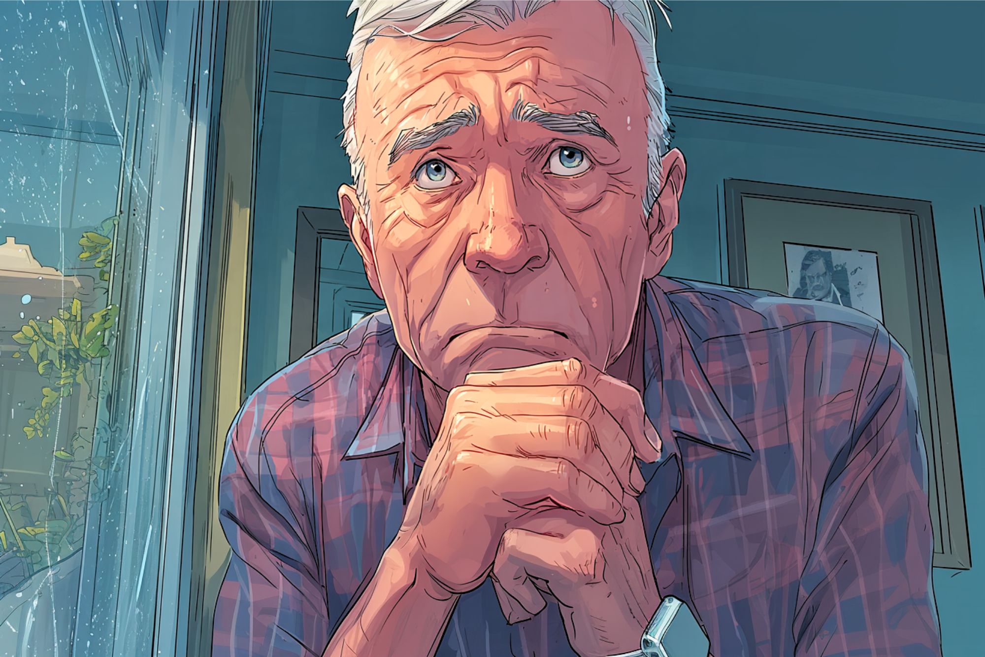 An elderly man with gray hair and a plaid shirt sits by a window, resting his chin on his clasped hands and gazing outside with a thoughtful, concerned expression. Rain can be seen on the window beside him.