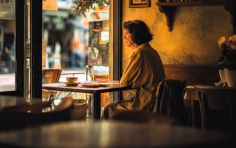 A woman with short dark hair sits alone at a small table by a window in a cozy café, wearing a tan dress and looking outside thoughtfully. Warm, soft light fills the quiet, rustic space.