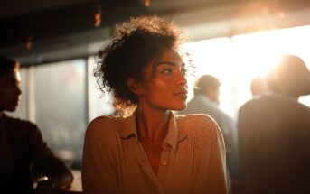 A woman with curly hair looks thoughtfully to the side, bathed in warm sunlight from a window behind her. She wears a light blouse and sits in a softly lit, indoor setting with blurred people in the background.