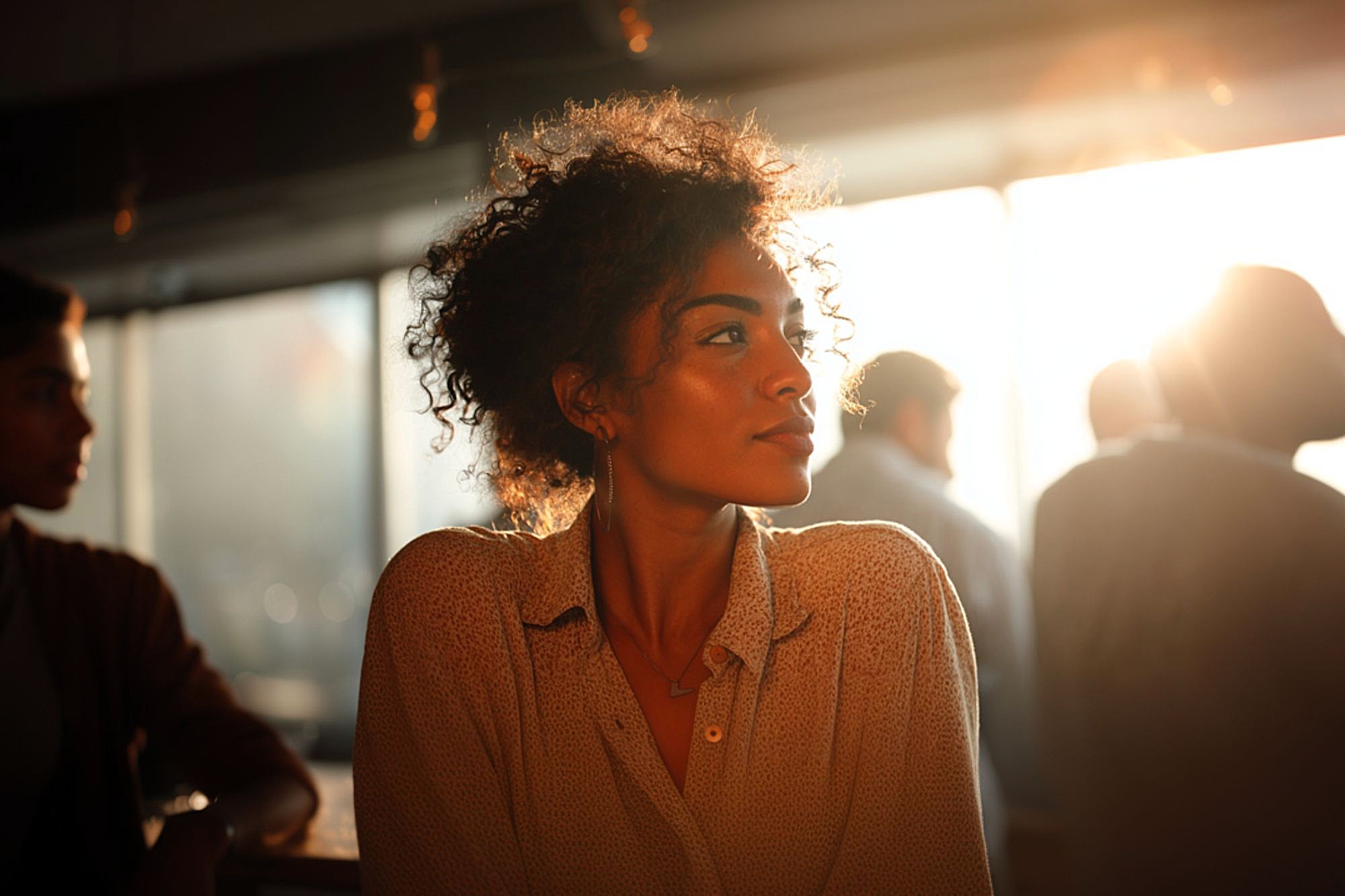 A woman with curly hair looks thoughtfully to the side, bathed in warm sunlight from a window behind her. She wears a light blouse and sits in a softly lit, indoor setting with blurred people in the background.