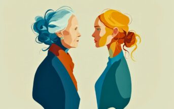 Minimalist illustration of an elderly woman with blue hair and a younger woman with orange hair, standing face to face against a plain background, both with serious expressions.