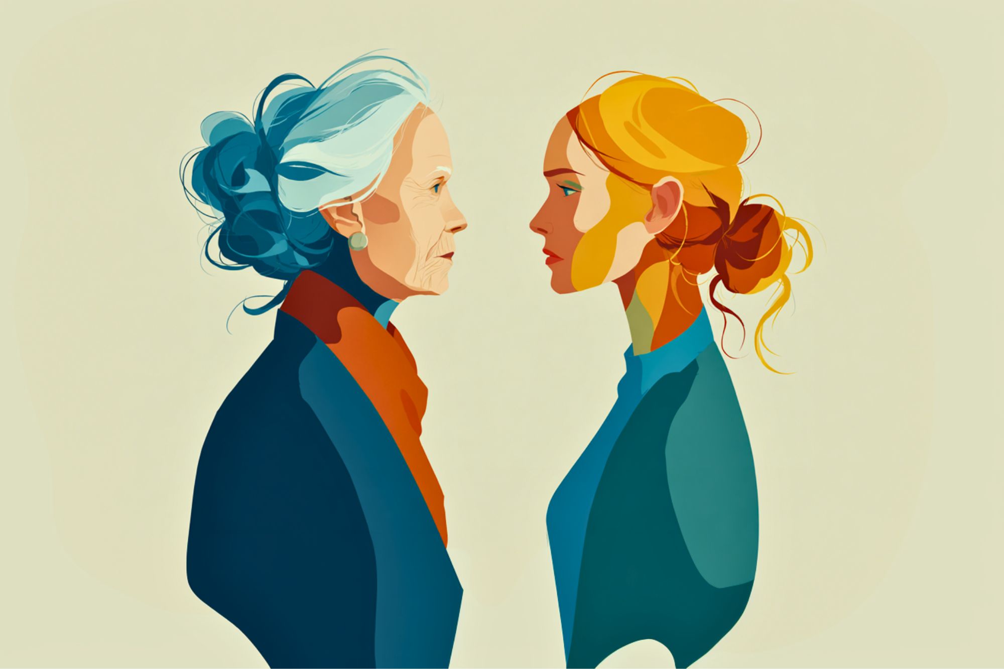 Minimalist illustration of an elderly woman with blue hair and a younger woman with orange hair, standing face to face against a plain background, both with serious expressions.