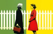Two women stand face-to-face in front of a white picket fence. The left side of the image has a green background and shows an older woman in black holding a red bag. The right side is yellow with a younger woman in a red dress.
